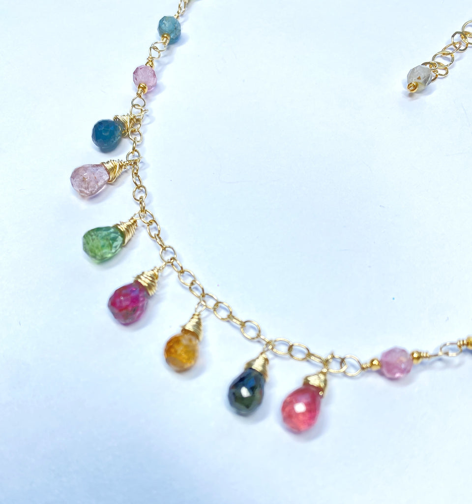 Tourmaline Gold Fill Dangle Necklace Rosary Style Wire Wrap