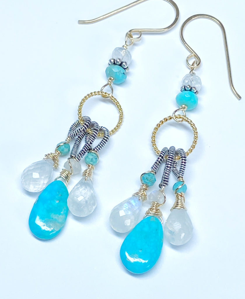 Kingman Turquoise, Rainbow Moonstone Dangle Earrings Mixed Metals, Handmade