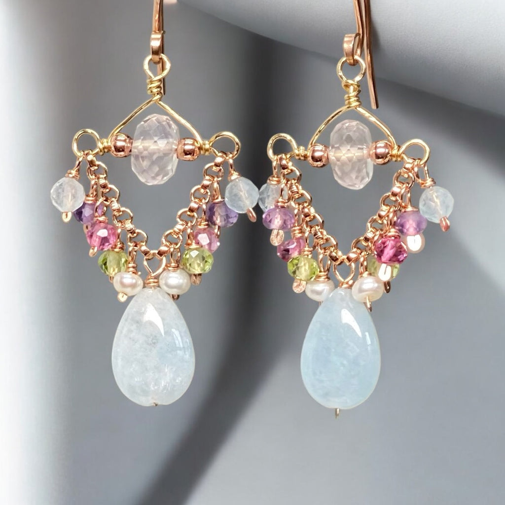 Blue Aquamarine, Rose Quartz, Rose Gold Petite Chandelier Earrings