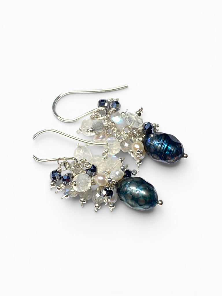 Petite Peacock Pearl Cluster Earrings — Pearl, Moonstone, Labradorite, Mystic Black Terahertz