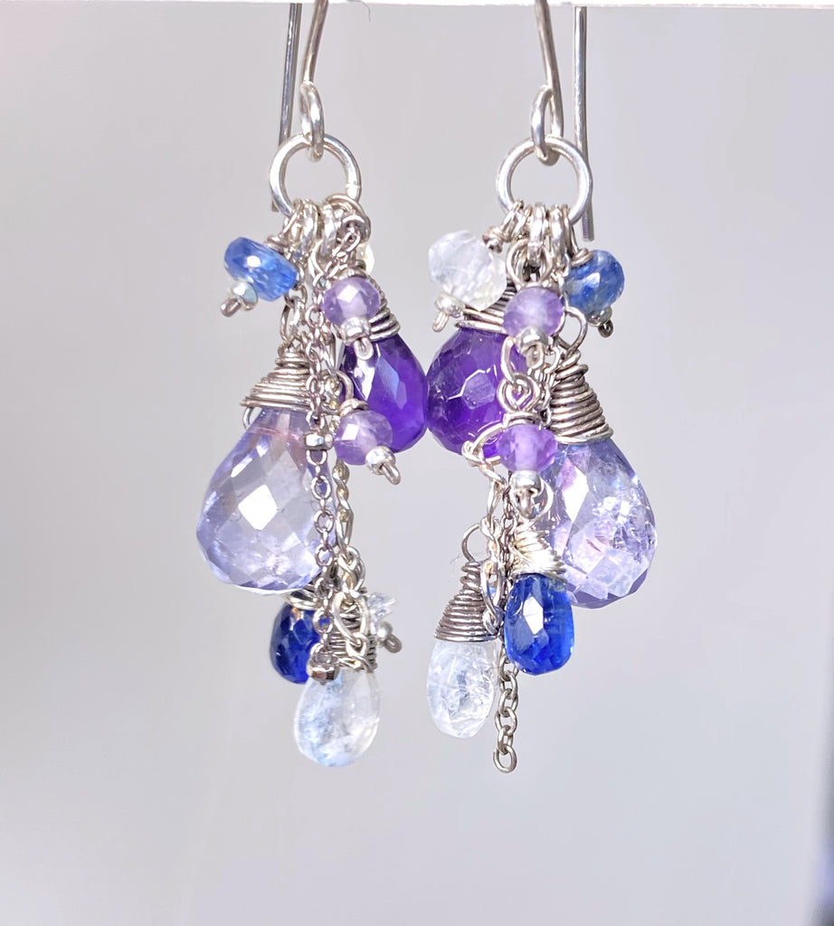Blue Violet Boho Dangle Earrings Amethyst, Blue Denim Quartz, Oxidized Sterling Silver