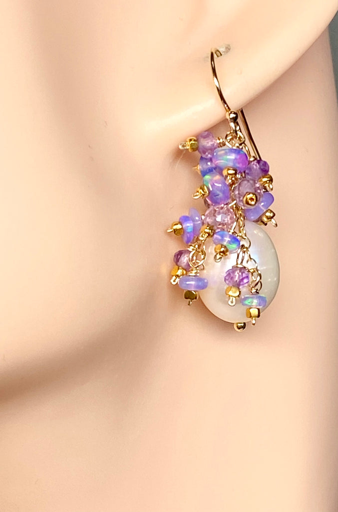 Lavender Blue Opal and Pearl Cluster Earrings, Gold Fill