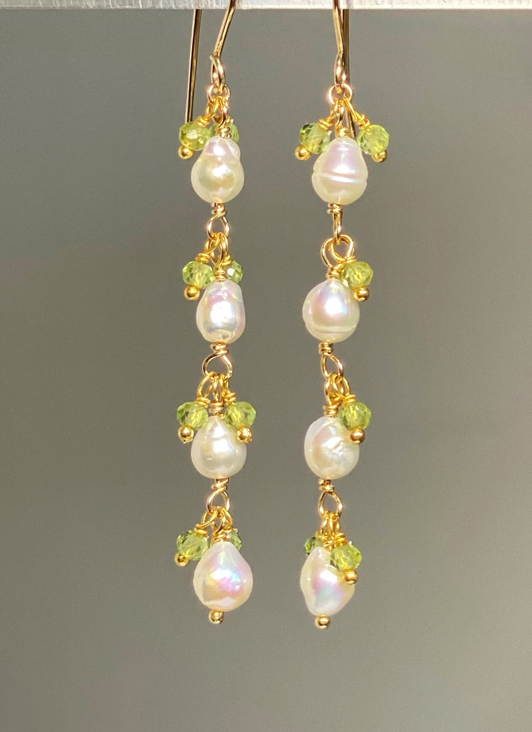 Peridot and Pearl Long Dainty Earrings Gold Fill