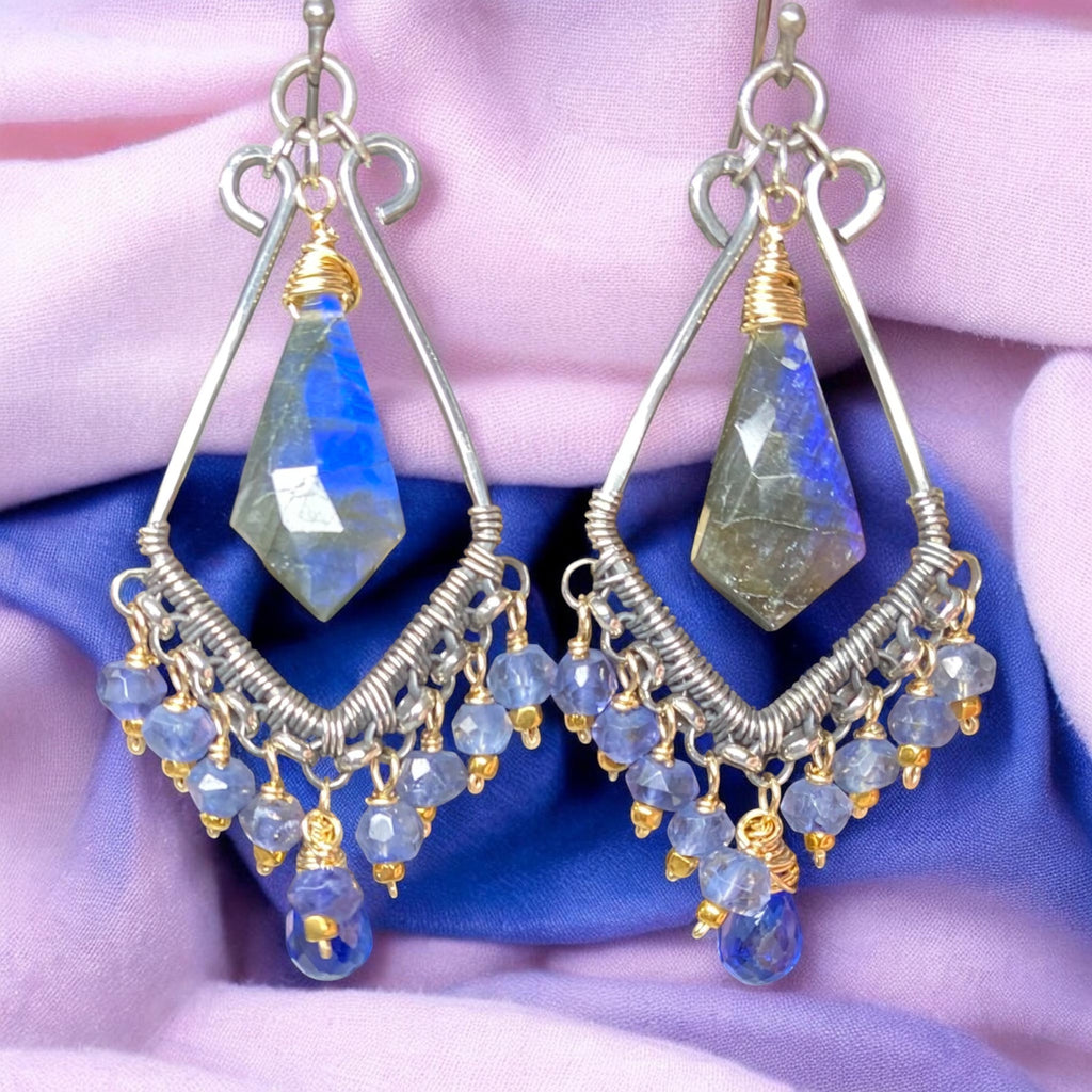 Blue Gemstone Statement Chandelier Earrings Oxidized Sterling Silver Blue Labradorite, Iolite, Kyanite