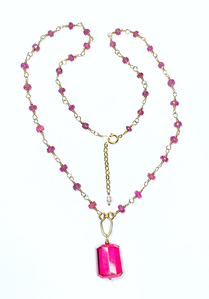 Pink Sapphire Gold Fill/Rose Gold Wire Wrap Necklace Rosary Style Rubellite Pendant