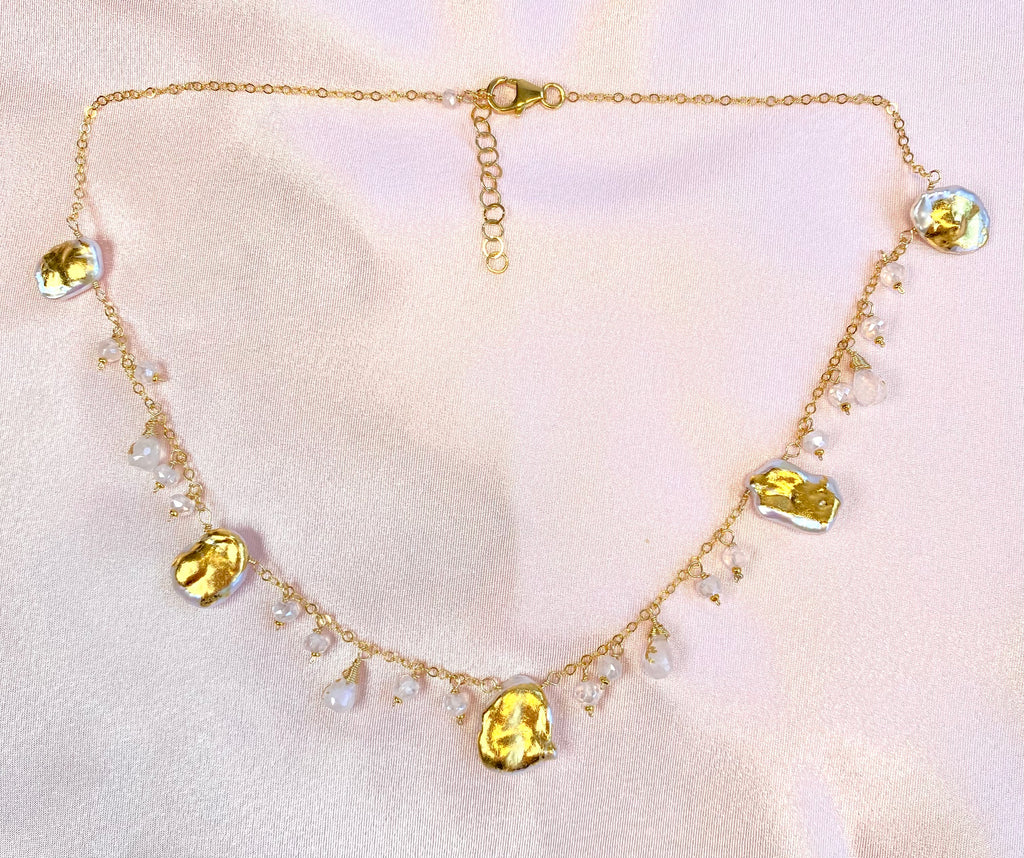 Keishi Pearl 24kt Gold Leaf Boho Dangle Necklace with Rainbow Moonstone