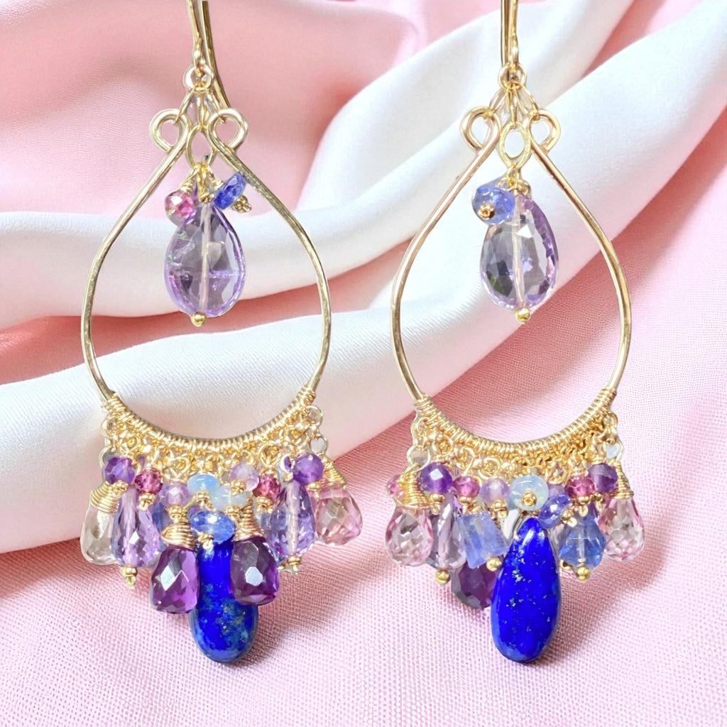 Gemstone Statement Chandelier Earrings in Pink, Lavender, Blue, Purple 3