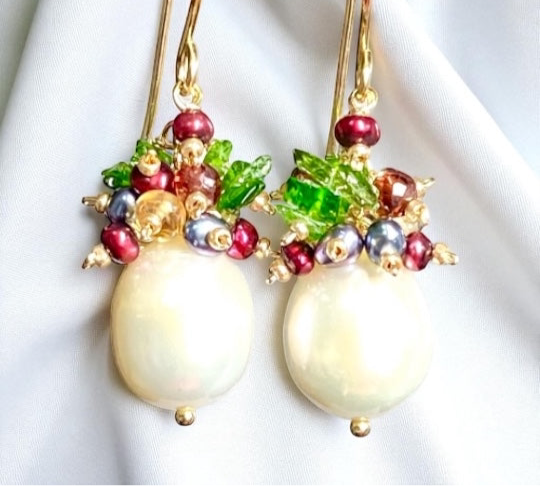 Pearl Cluster Earrings with Red, Green Gemstone Clusters