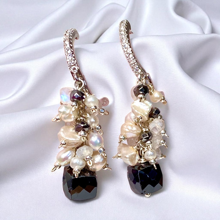 Black Spinel, Pearl and Moonstone Cluster Earrings