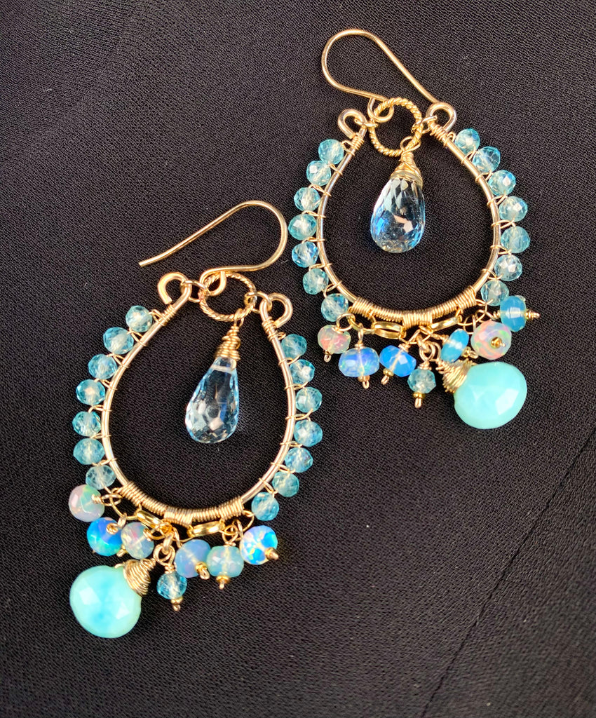 Blue Topaz and Opal Chandelier Hoop Earrings, Apatite, 14k Gold Fill