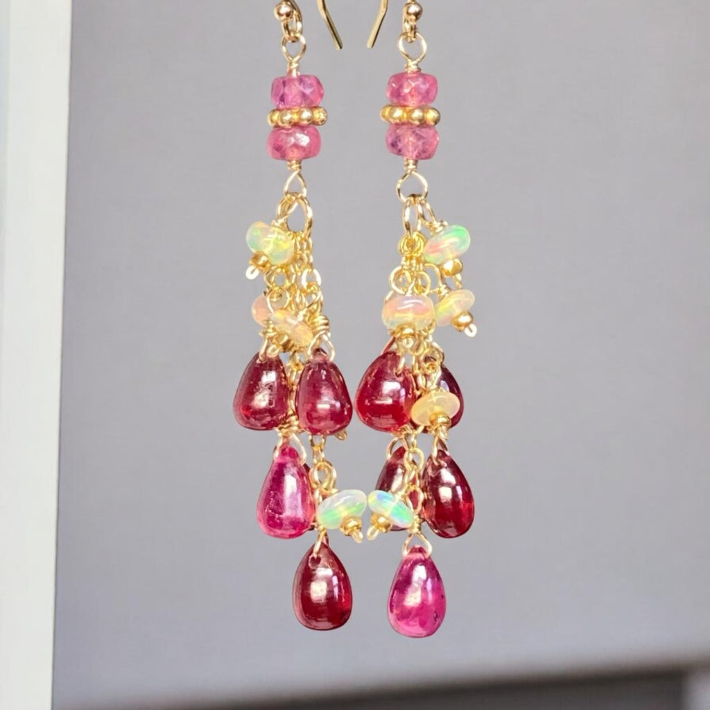 Pink Sapphire and Opal Tassel Earrings, Gold Fill