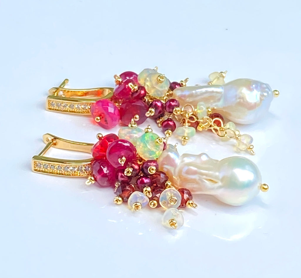 Red Opal, Garnet, Pearl and Ivory Baroque Flameball Pearl Earrings