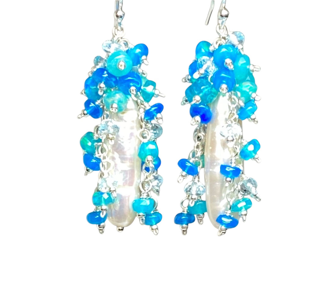 White Biwa Pearl and Aqua Blue Opal Cluster Earrings Sterling Silver