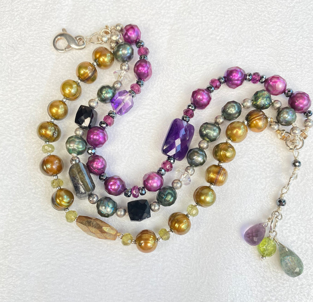 Colorful Triple-Strand Pearl & Gemstone Clasp Bracelet