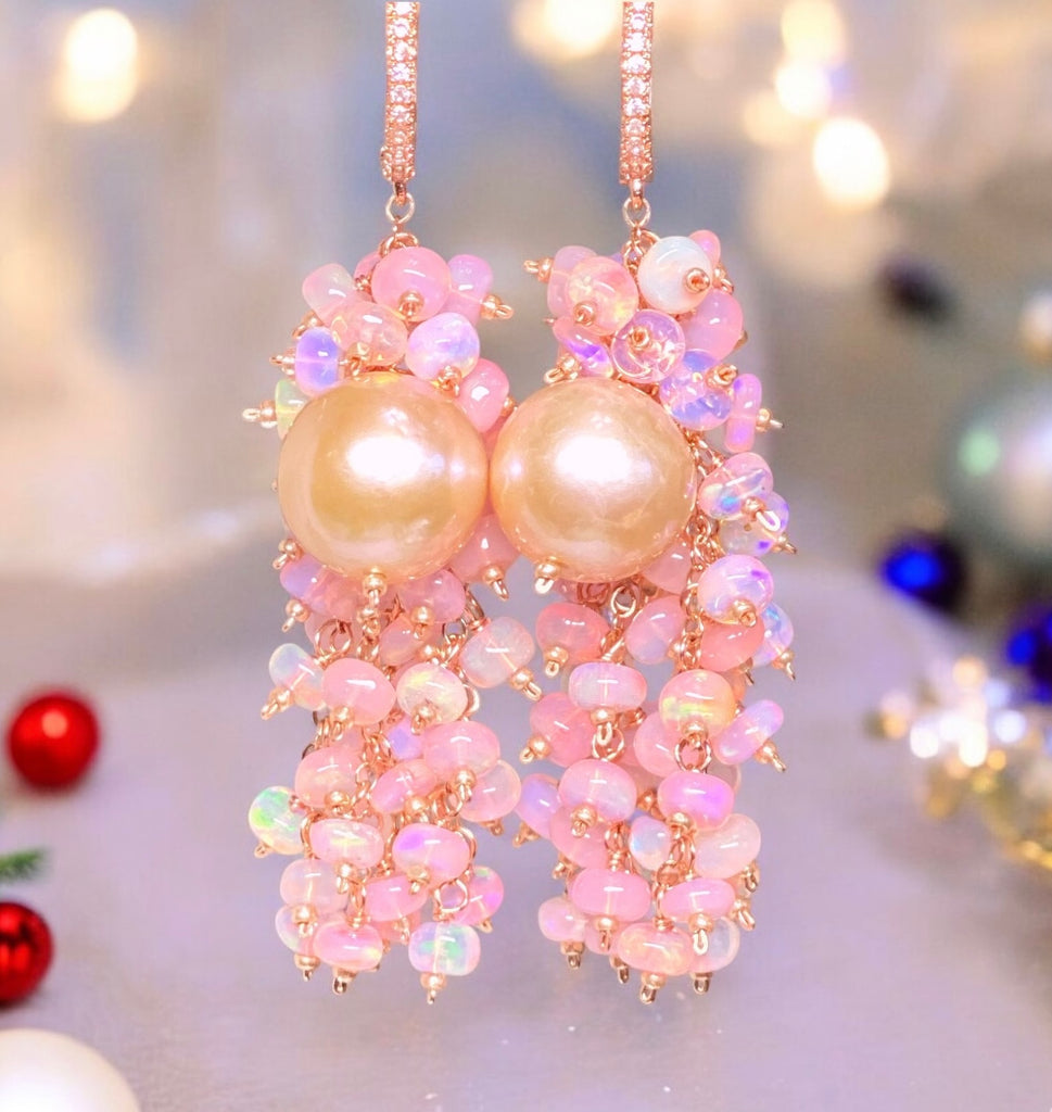 Pink Pearl, Pink Opal Statement Cluster Dangle Earrings, Rose Gold