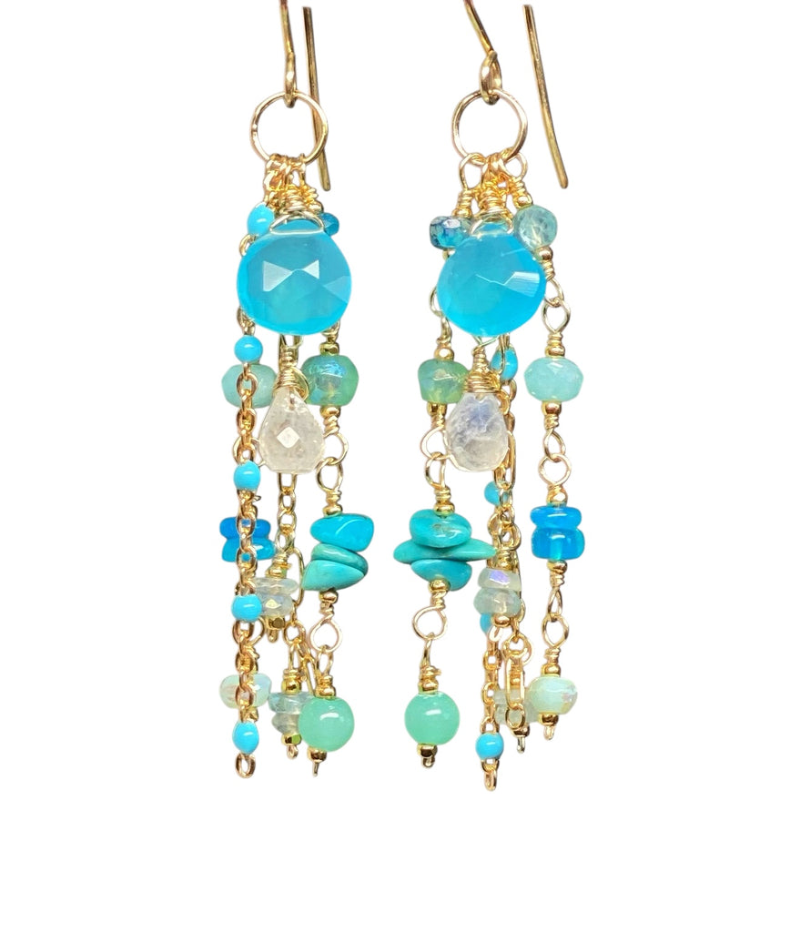 Blue, Aqua, Turquoise Gem Dangle Earrings, Gold Fill