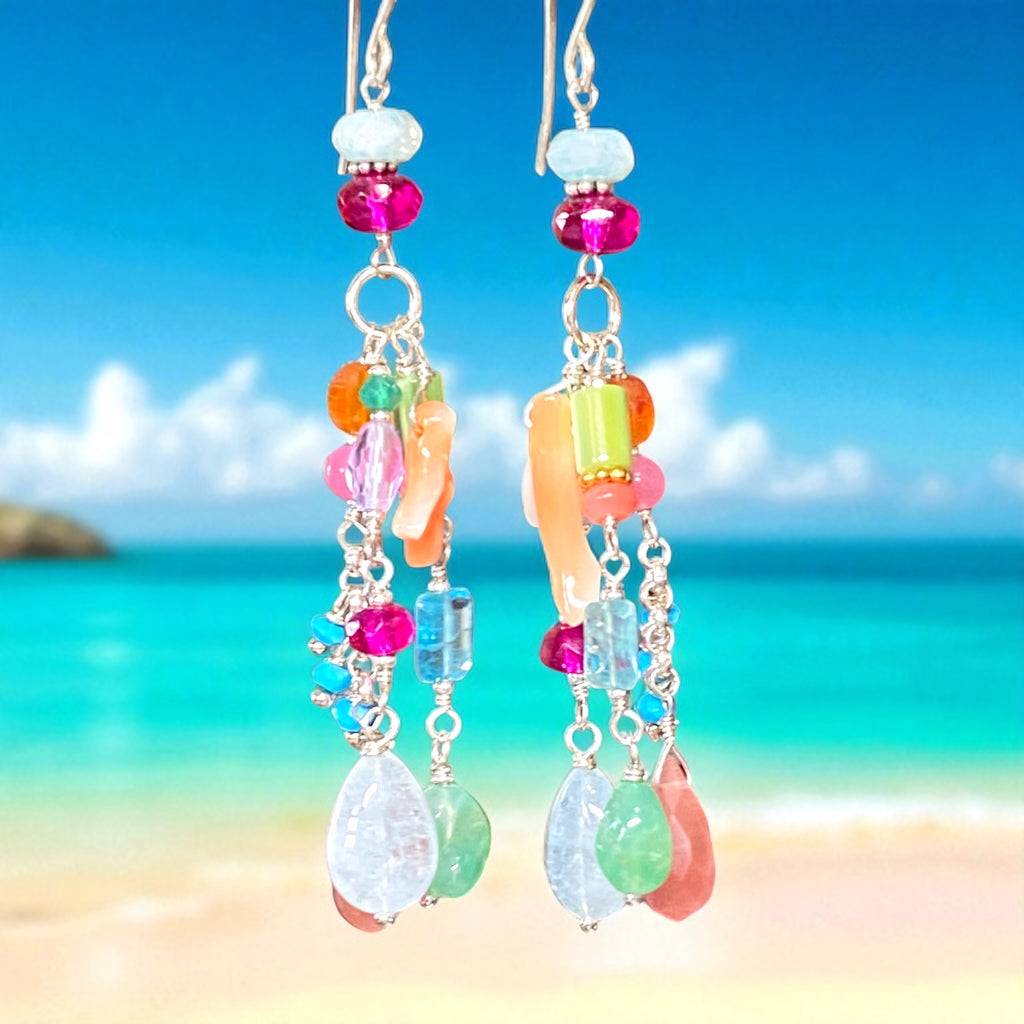 Multicolor Gemstone Dangle Earrings Sterling Silver - Aquamarine, Chrysoprase - Doolittle