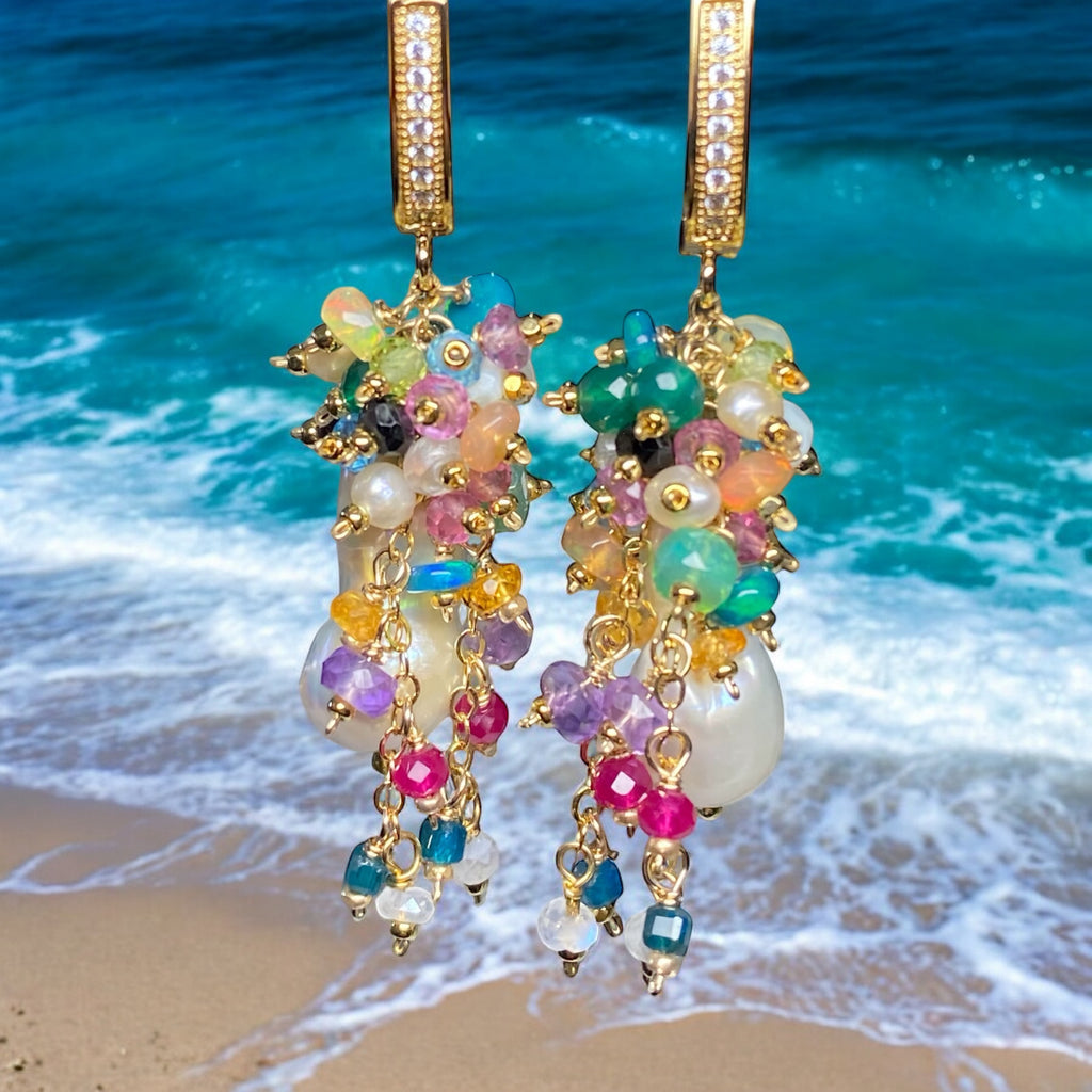 Baroque Flameball Earrings Multi Gemstone Cluster, Gold fill
