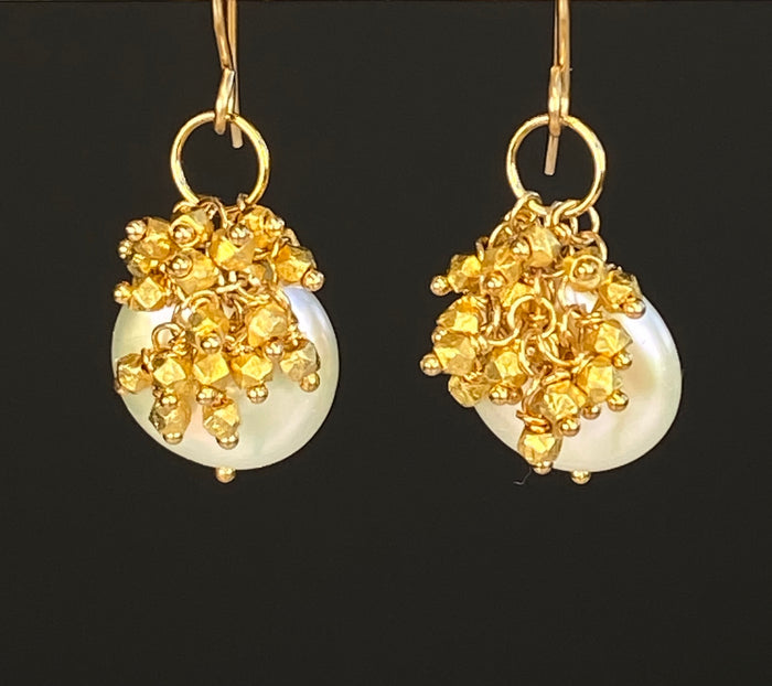 Ivory Coin Pearl Earrings with Gold Vermeil Nugget Clusters