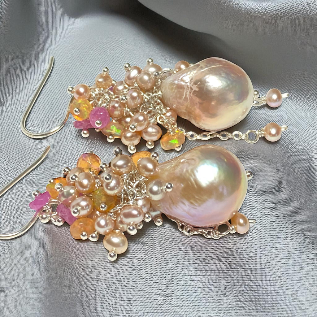 Pink Blush Baroque Pearls Opal, Sapphire Pearl Cluster Earrings
