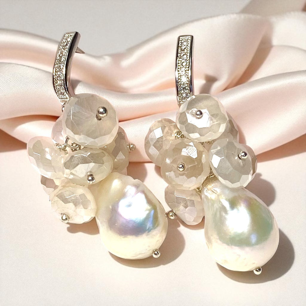 Baroque Pearl and Mystic Moonstone Sterling Silver Bridal Gemstone Cluster Earrings