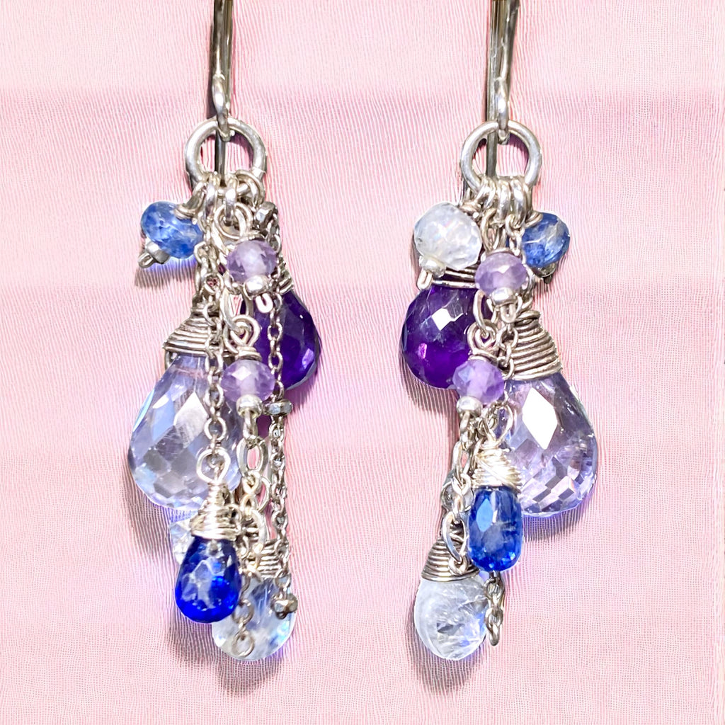 Blue Violet Boho Dangle Earrings Amethyst, Blue Denim Quartz, Oxidized Sterling Silver