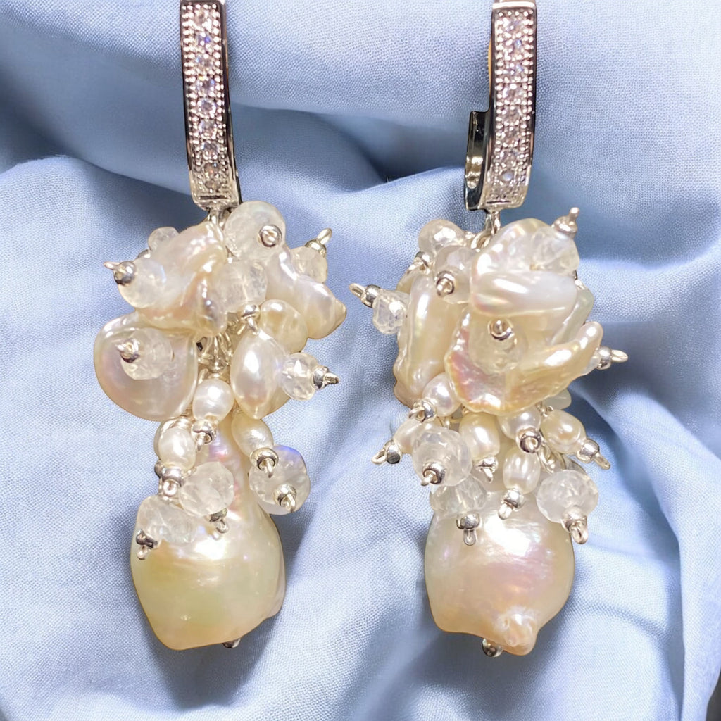 Baroque Flameball Pearl and Moonstone Cluster Bridal Earrings