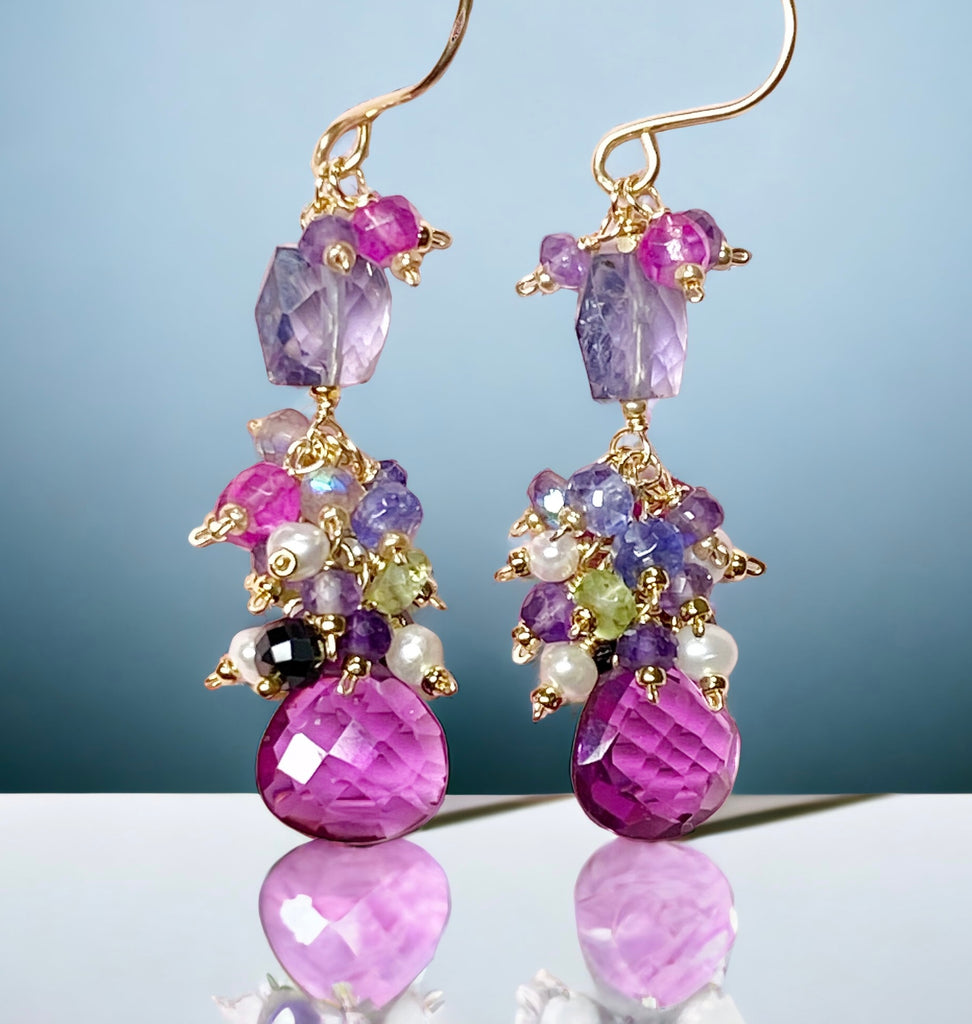 Blue Purple Violet Gem Dangle Earrings, Iolite, Amethyst Gold Fill