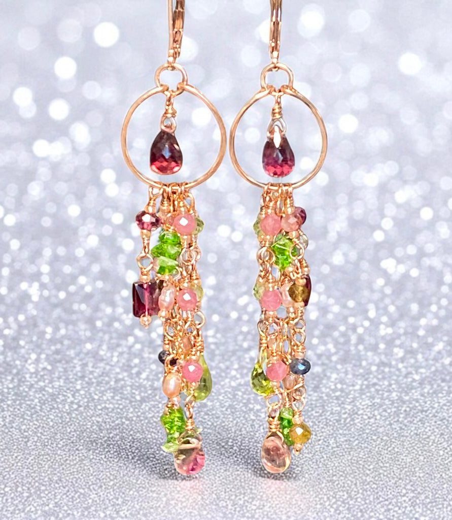 Rubellite Tourmaline Multicolor Gemstone Long Boho Dangle Earrings Rose Gold