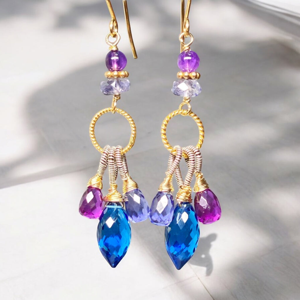 Blue, Purple Chandelier Earrings, Mixed Metals, Iolite, Amethyst, Quartz