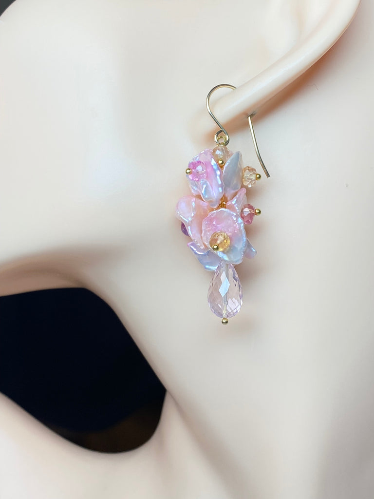 Padparadscha Sapphire Keishi Pearl Dangle Earrings with Rose Quartz Gold Fill - Doolittle