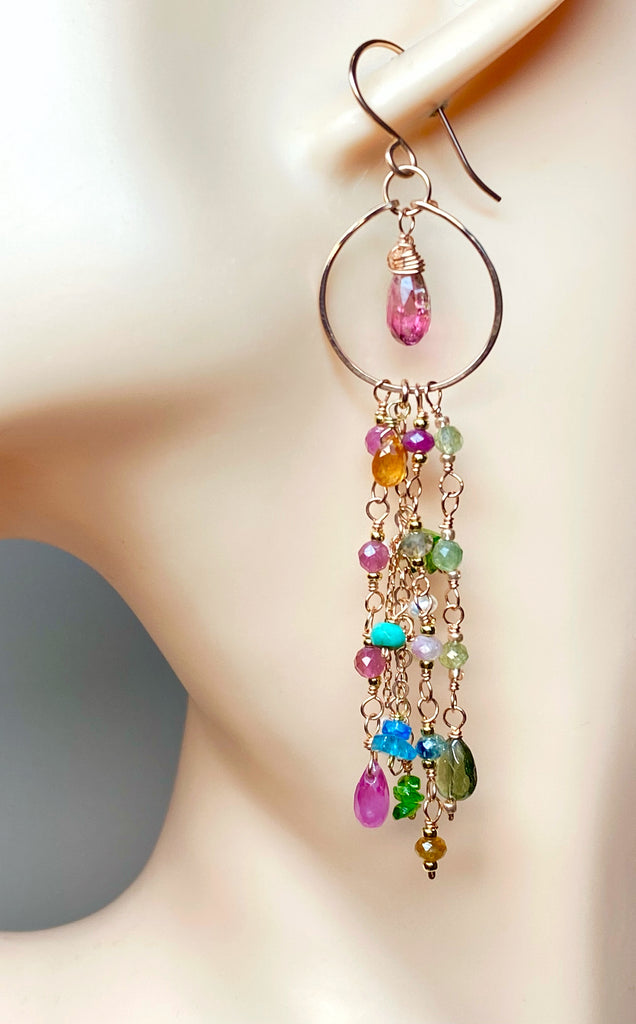 Pink Tourmaline Multicolor Gemstone Long Boho Dangle Earrings Rose Gold