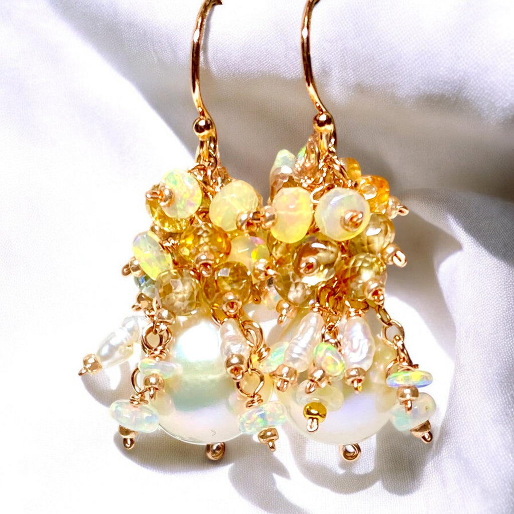 Natural Zircon Gemstone, Opal and Pearl Cluster Earrings, Rose Gold Fill