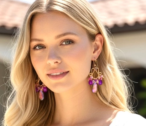 Purple labradorite amethyst rose gold chandelier earrings worn by blonde model at resort destination
