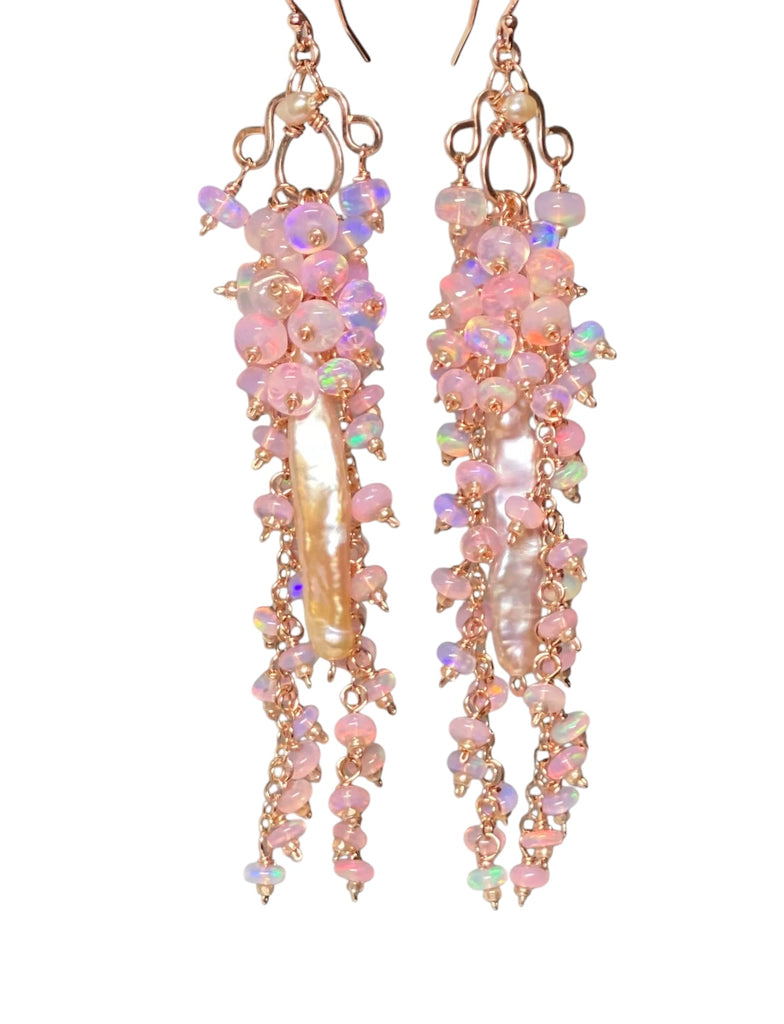 Blush Biwa Pearl Earrings Long Baby Pink Opal Clusters Rose Gold 2