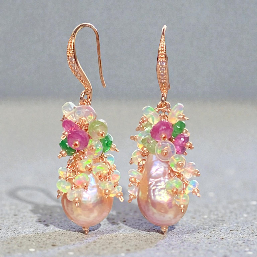 Flameball Baroque Metallic Edison Pink Gold Pearl Cluster Earrings