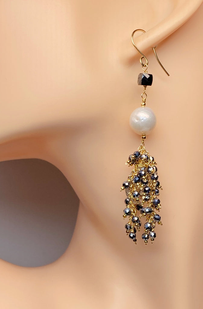 Edison Pearl, Rutilated Quartz, Sparkly Black Gem Cascade Earrings Gold Fill