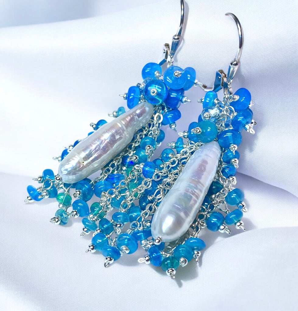 Blue Opal and Biwa Pearl Cluster Tassel Earrings Sterling Silver