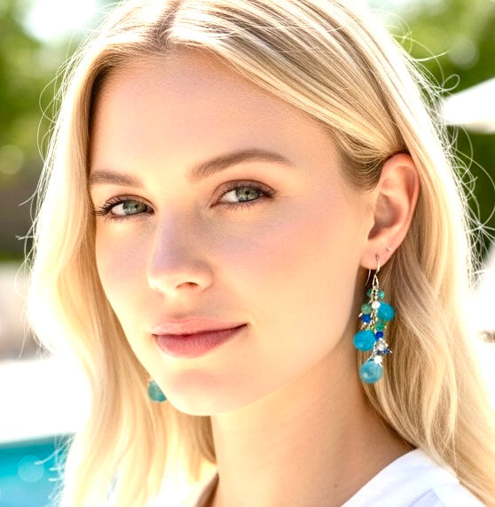 Blue Chalcedony, Moonstone, Green Topaz and Sterling Silver Dangle Earrings