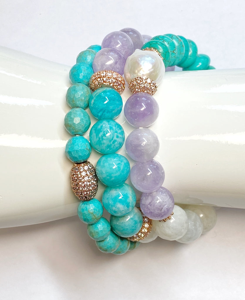 Turquoise Bracelet Stack Set of 3 Rose Gold Pave CZ Moonstone Lavender Quartz