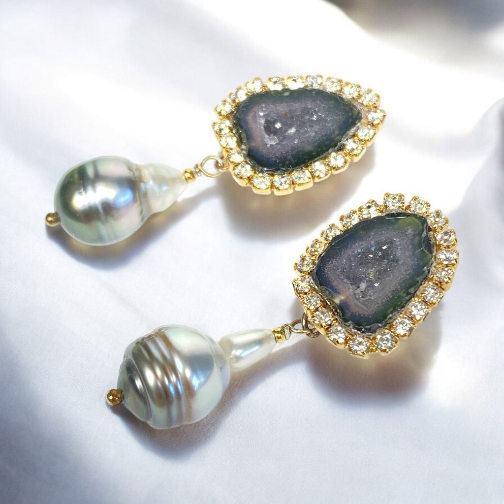 Black Tabasco Geode Earrings with Tahitian Pearls