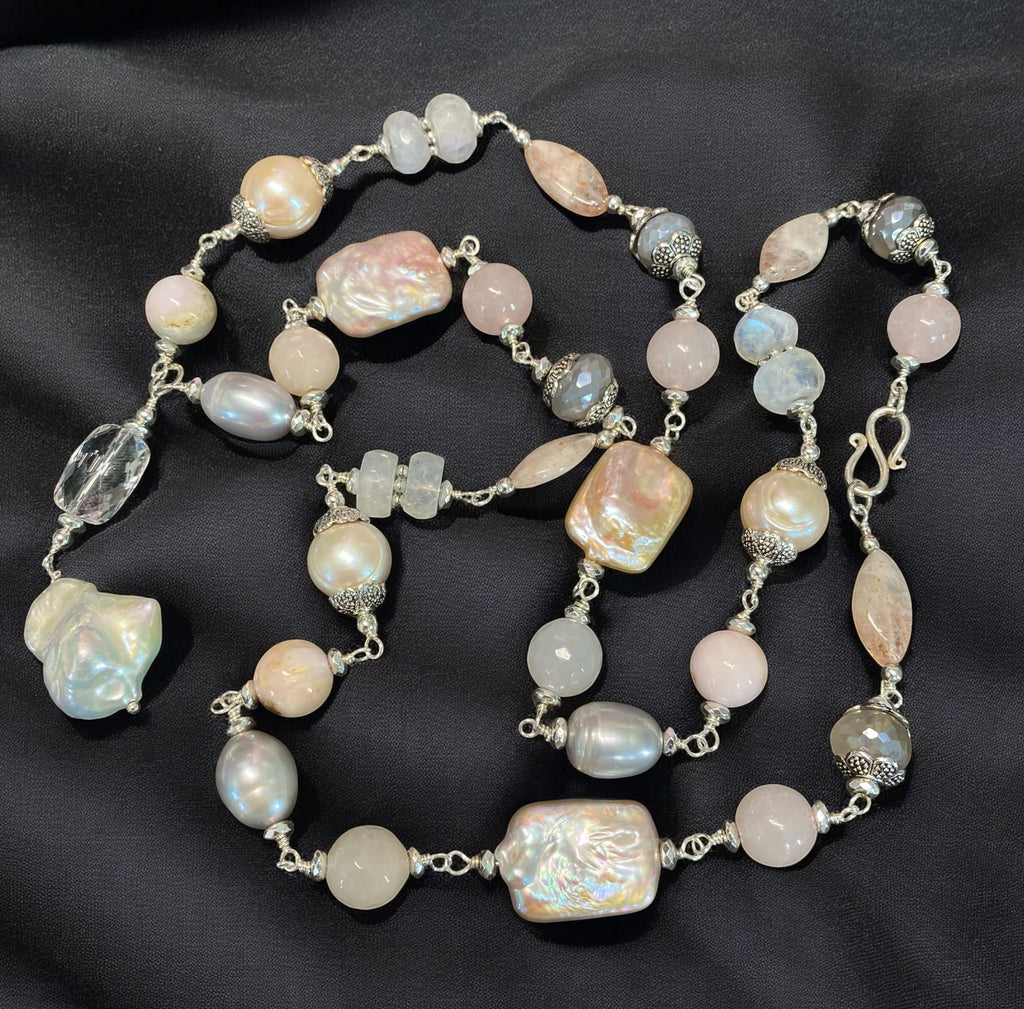Blush Pink Baroque and Silver Pearl Long Sautoir Necklace — Rainbow and Grey Mystic Moonstone Rose Quartz