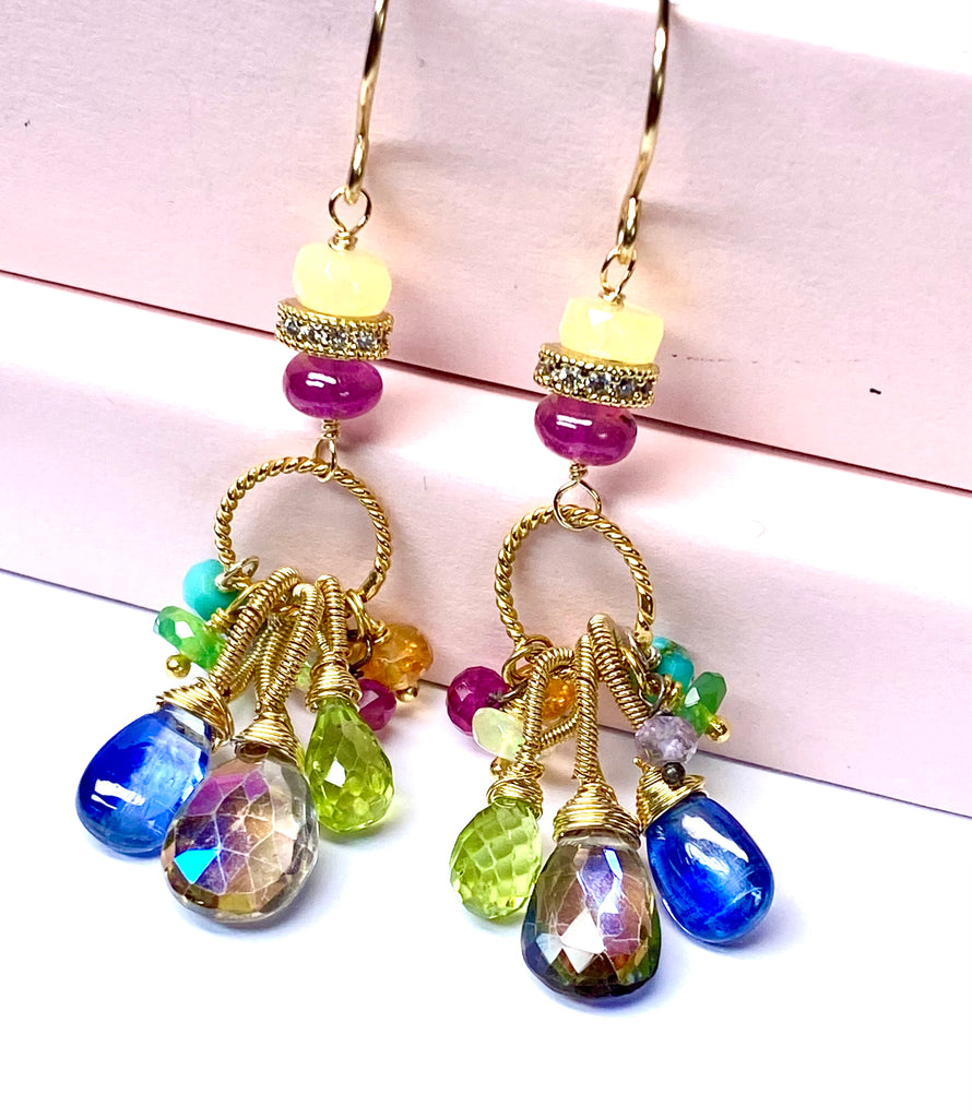 Multi Gemstone Dangle Earrings, Coiled Gold Wire, Handmade 2