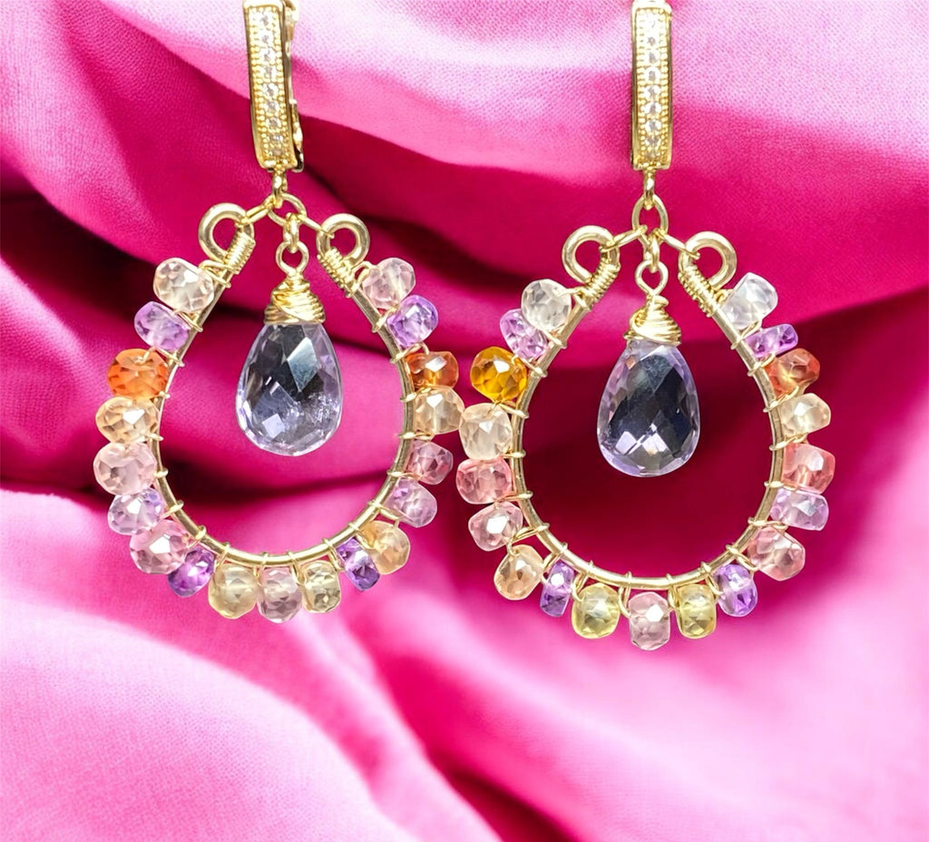 Colorful Gemstone Hoop Earrings:  Padparadscha Sapphire, Amethyst Quartz, Gold Fill, Statement Earrings - Doolittle
