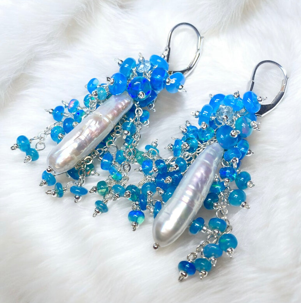 Blue Opal and Biwa Pearl Cluster Tassel Earrings Sterling Silver