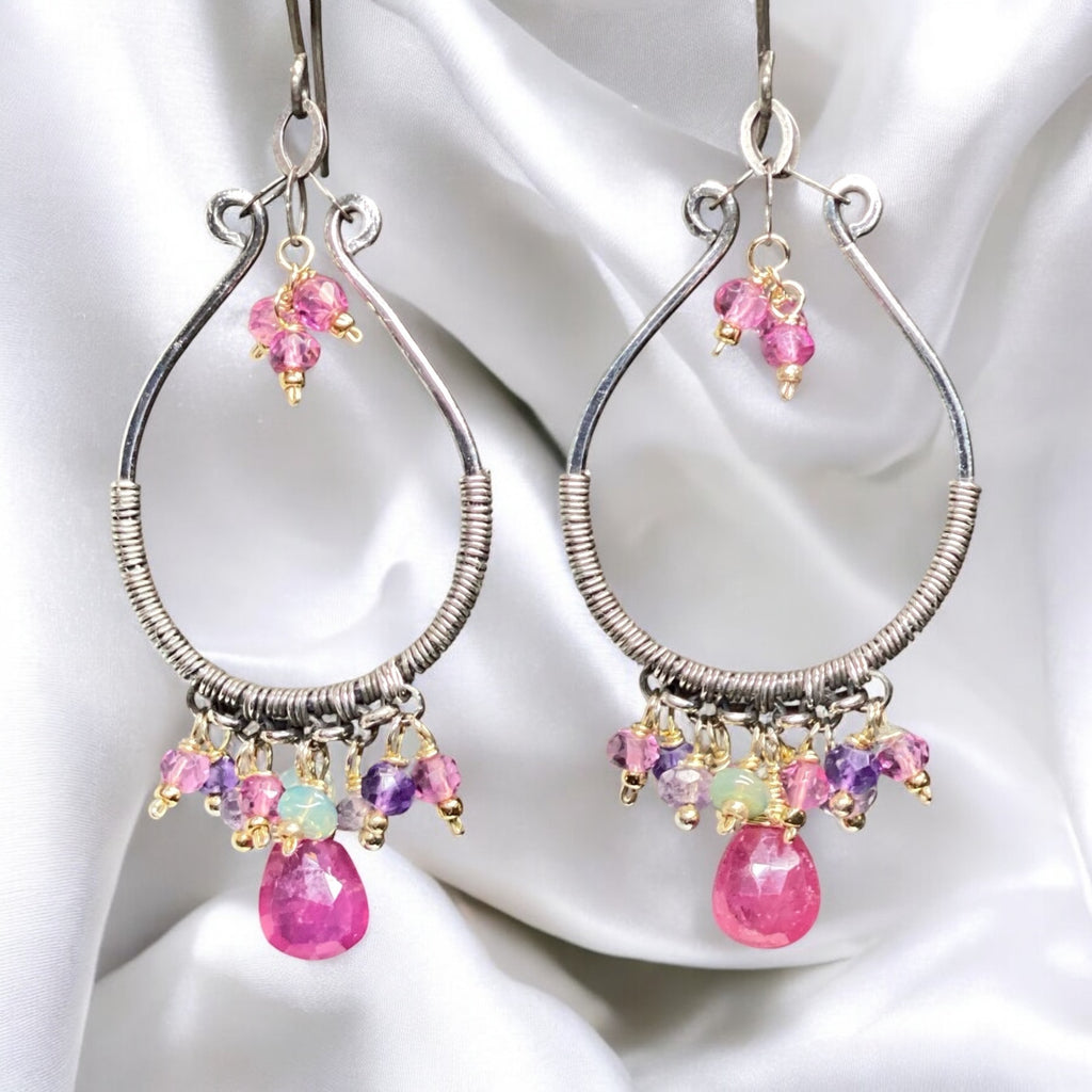 Oxidized Silver Hoop Chandelier Earrings, Pink Sapphire, Mixed Metals