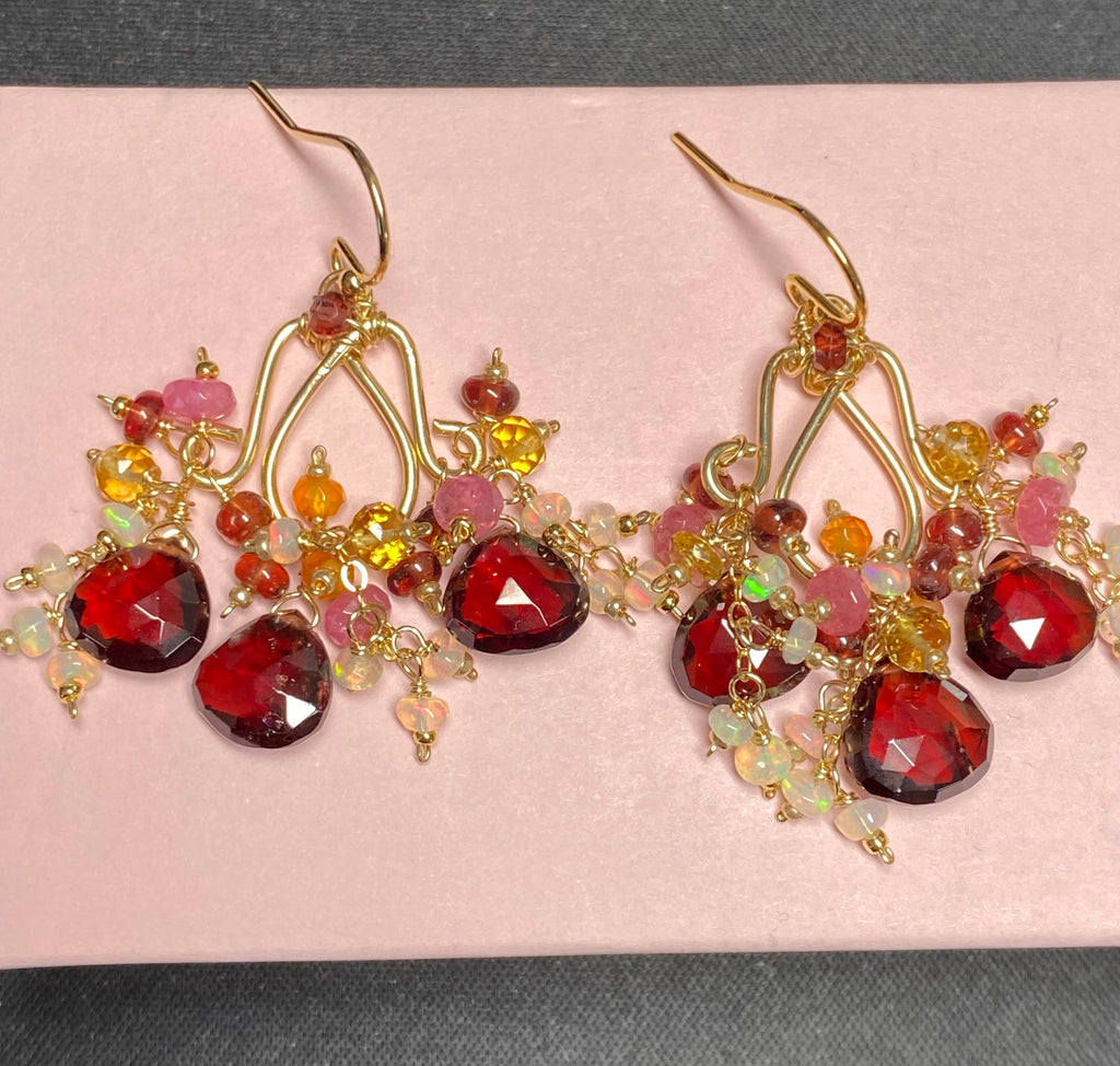 Red Garnet Chandelier Earrings Opal Dangle Gold Fill