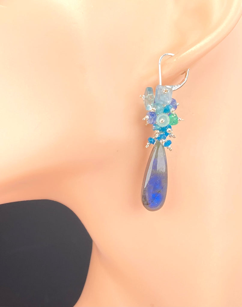 Blue Labradorite Long Gemstone Cluster Earrings in Blue, Green, Sterling Silver