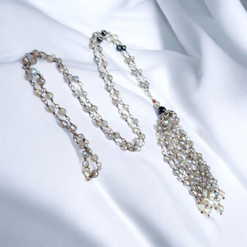 Labradorite Tassel Necklace Wire Wrapped Oxidized Sterling Silver