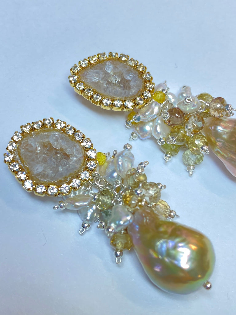 Tabasco Geode and Golden Baroque Pearl Cluster Post Earrings